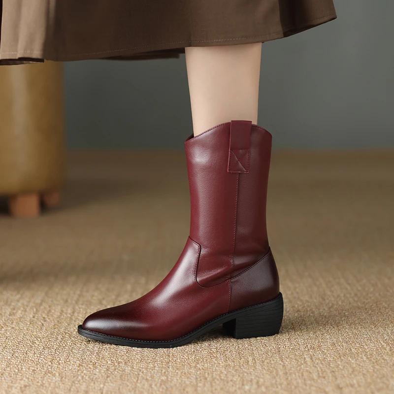 Genuine leather zipper mid calf boots with square heels - Image 10