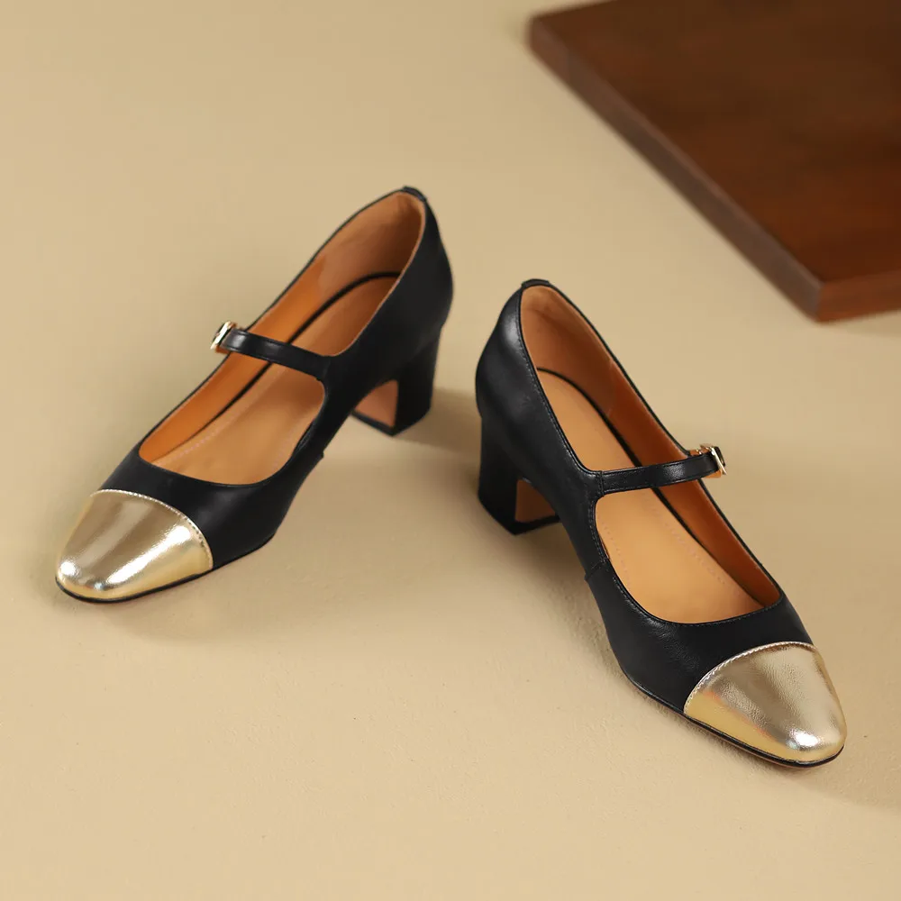 Genuine leather thick heeled mary jane pumps with buckle strap - Image 8