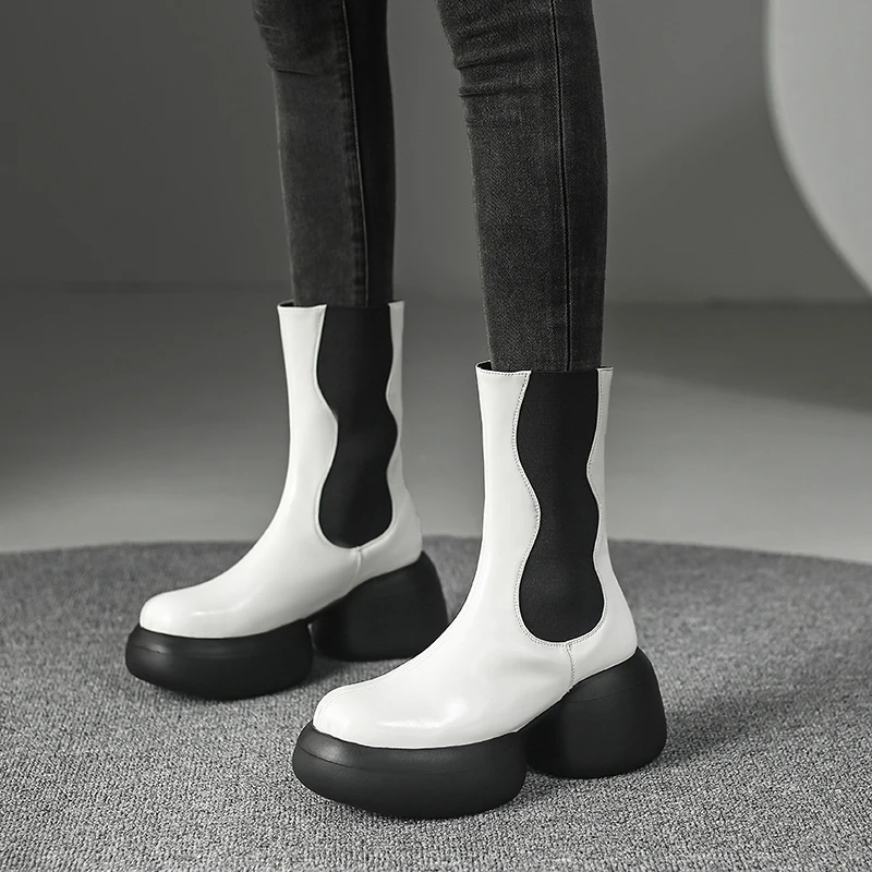 Mixed color platform mid calf leather chelsea boots - Image 7