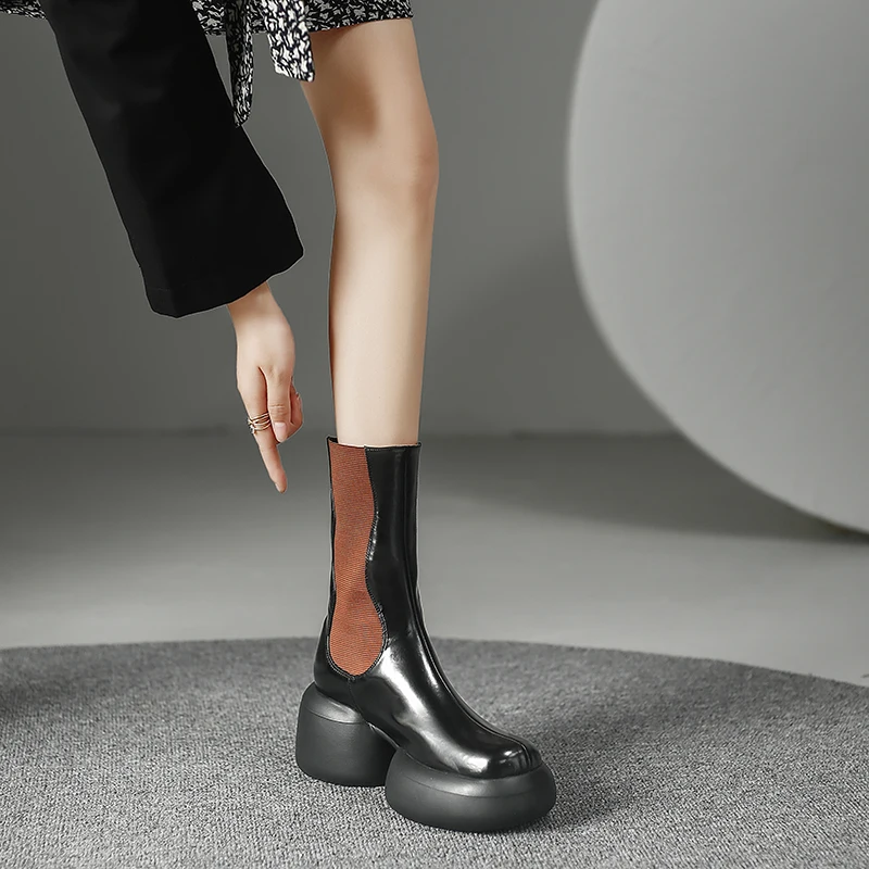 Mixed color platform mid calf leather chelsea boots - Image 9