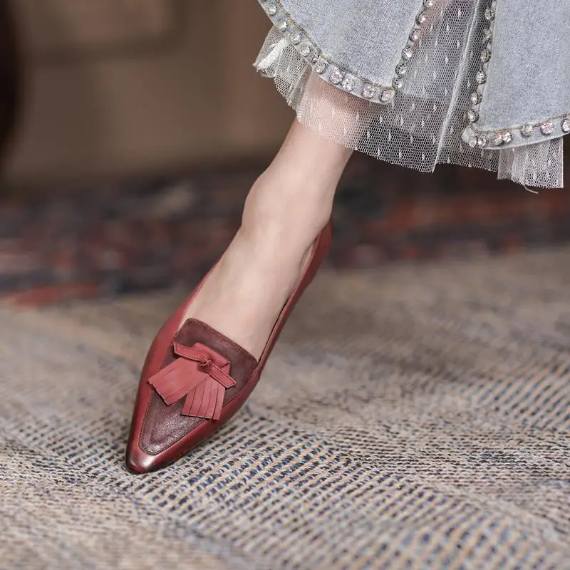 Genuine leather low heels pointed toe vintage office shoes - Image 13
