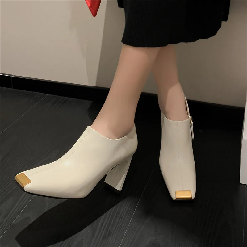 Genuine leather zipper dress pumps with thick high heels - Image 4