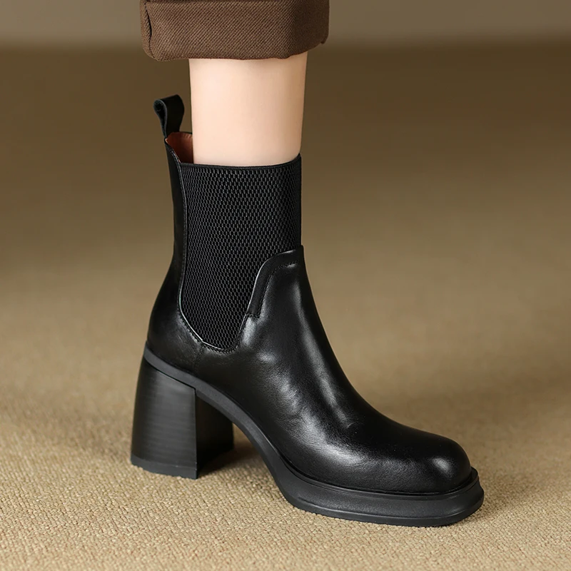 Genuine leather black round toe high heel chelsea ankle boots - Image 6