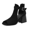 Black open-toe block heel ankle boots
