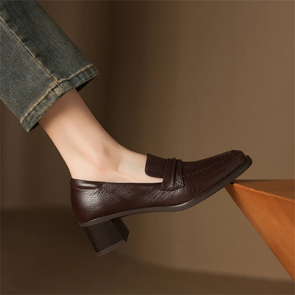 Retro genuine leather high heel pumps with square toe - Image 10