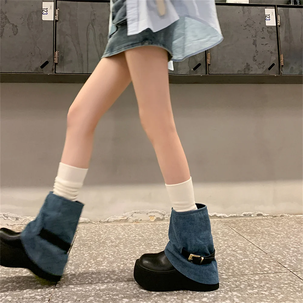 Denim cowboy ankle boots genuine leather platform shoes - Image 3