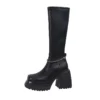 Knee high platform boots in black and beige