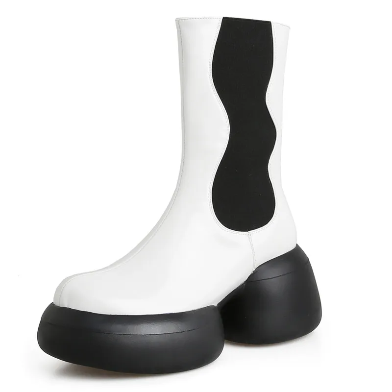 Mixed color platform mid calf leather chelsea boots - Image 11