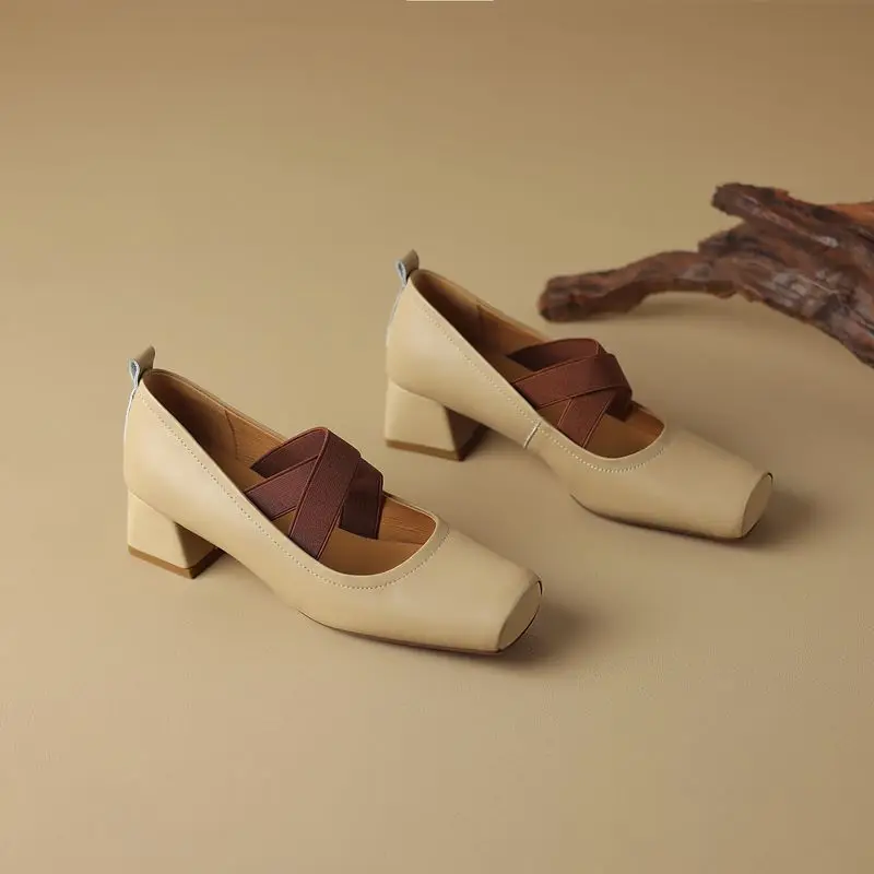 Genuine leather square toe mid heels mary janes - Image 4