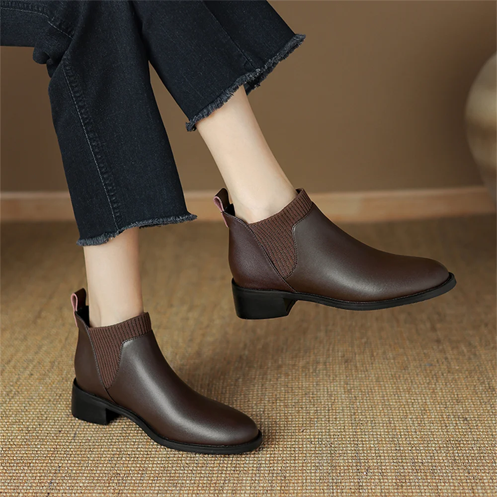 Genuine leather ankle boots round toe fashion comfortable warm black brown - Image 3