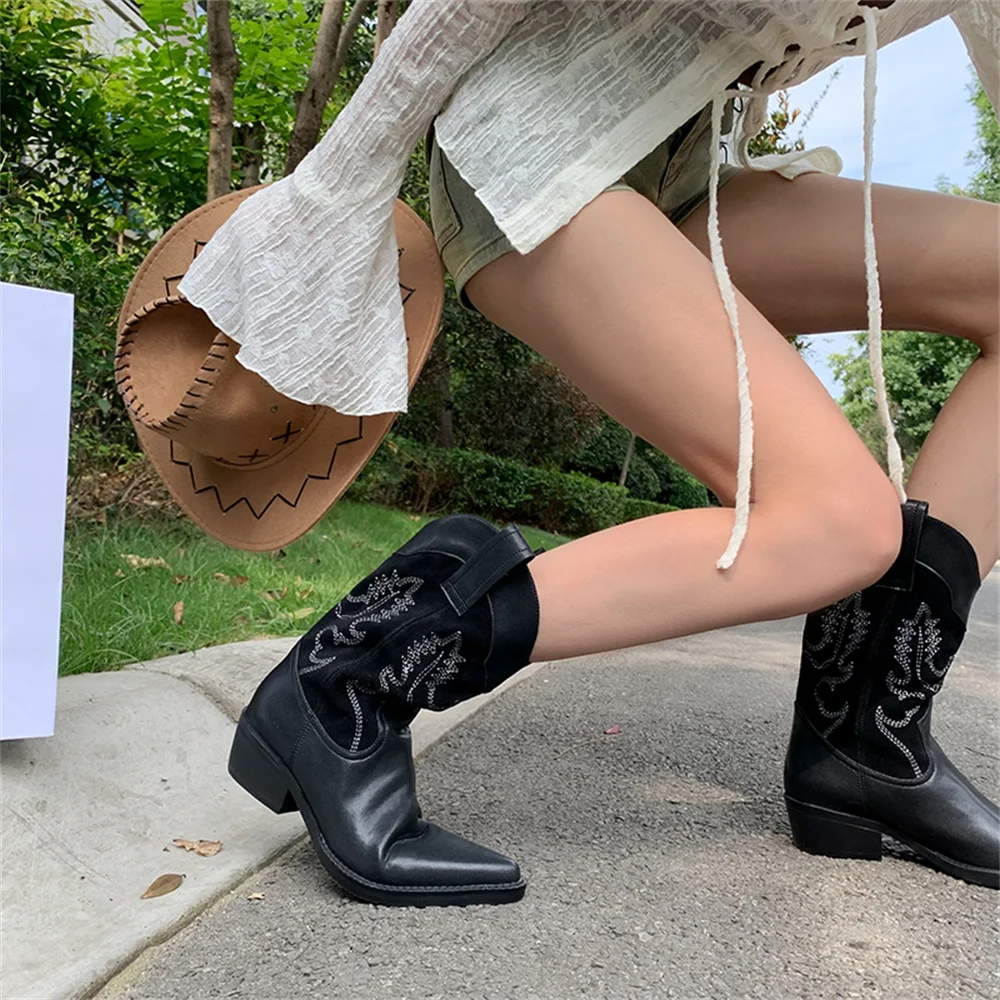 Black and white leather mid-calf cowboy boots - Image 6