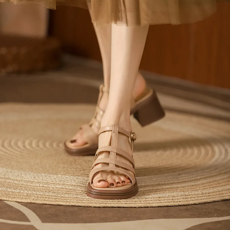 Genuine leather thin strap heeled sandals - Image 4