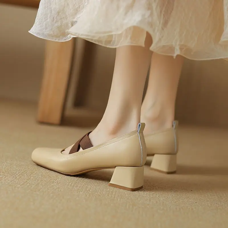 Genuine leather square toe mid heels mary janes - Image 5