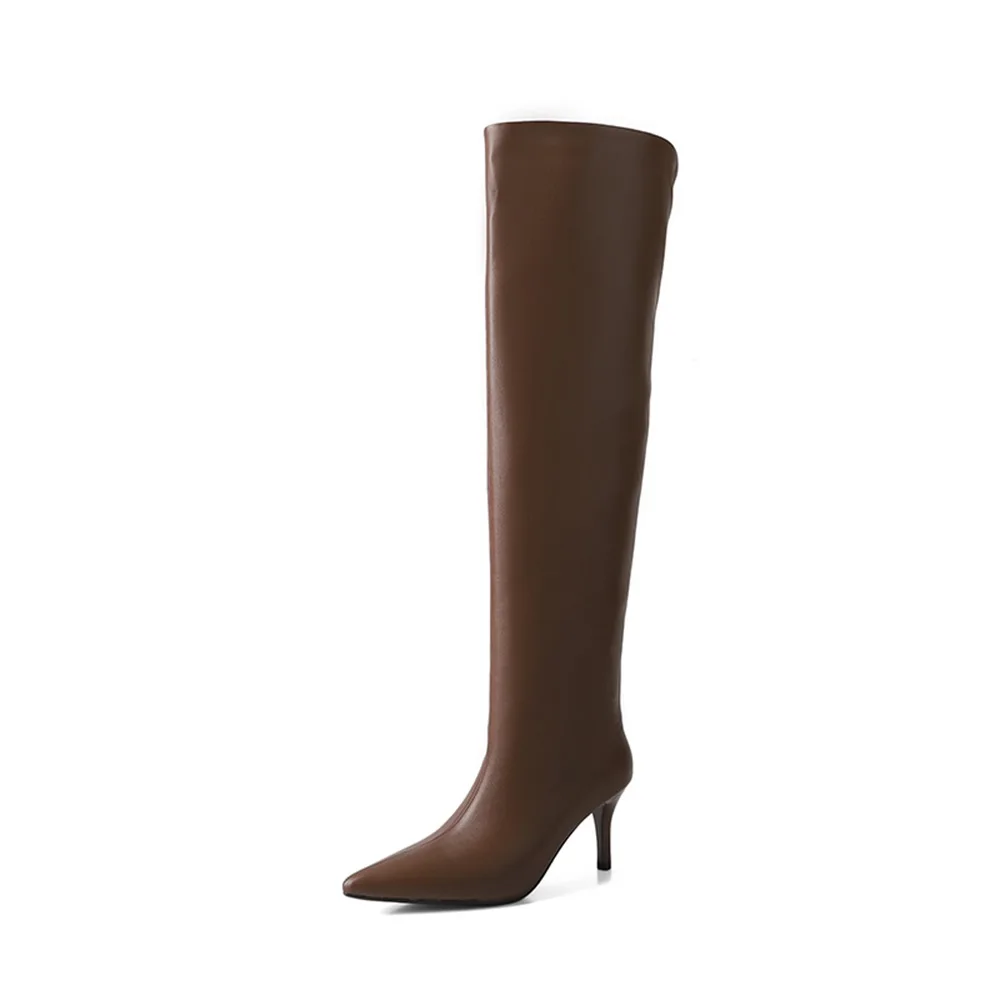 Pleated design pointed toe high heel wide calf boots - Image 8