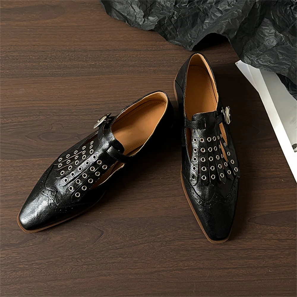 Punk rivet genuine leather low heel pumps - Image 7