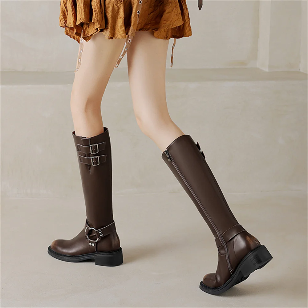 Genuine leather knee high buckle boots for women - Image 5