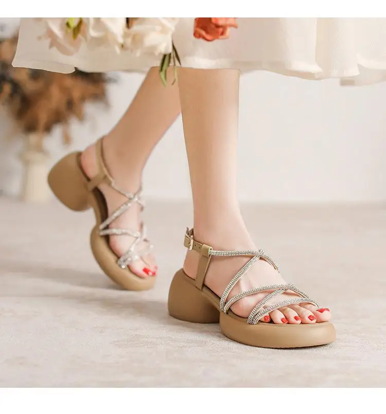 Rhinestone open toe wedge sandals with chunky heel - Image 7
