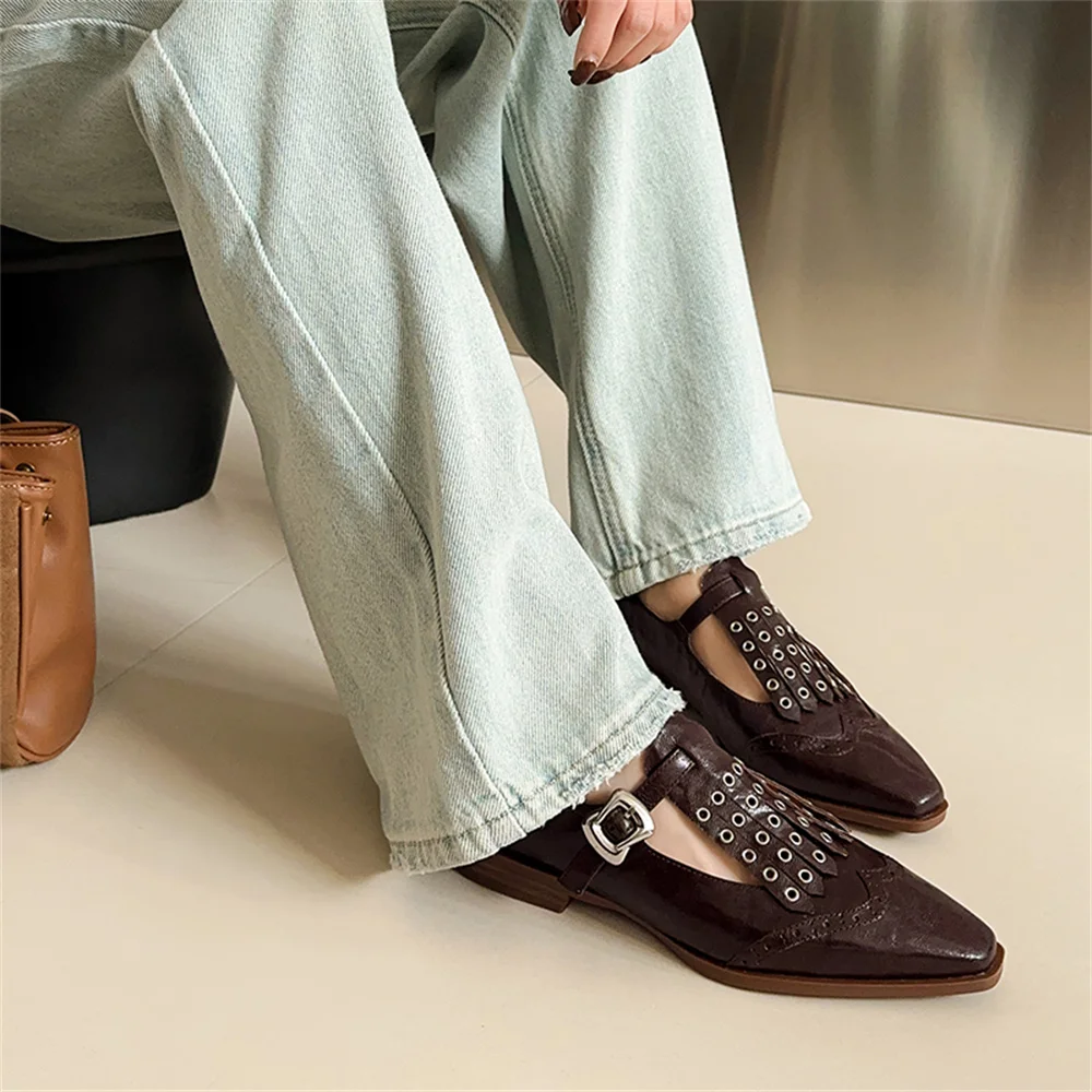 Punk rivet genuine leather low heel pumps - Image 5