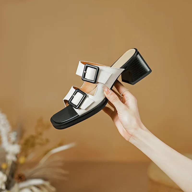 Genuine leather chunky heeled sandals open toe casual shoes - Image 3