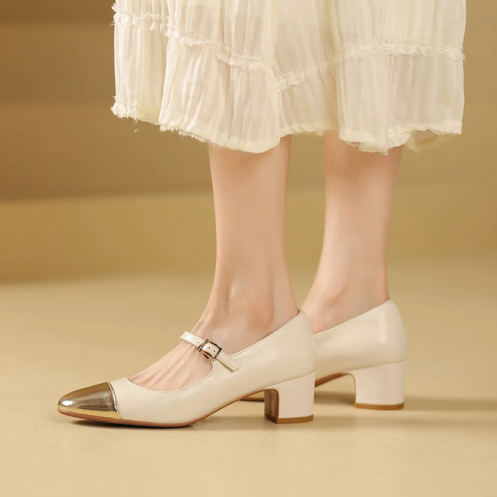 Genuine leather thick heeled mary jane pumps with buckle strap - Image 5