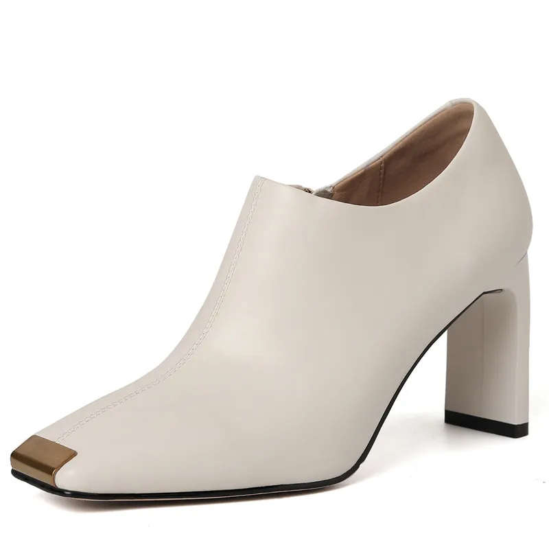 Genuine leather zipper dress pumps with thick high heels - Image 8