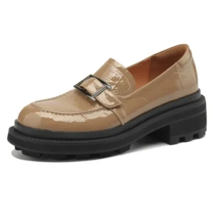 Genuine leather square toe mid heel pumps
