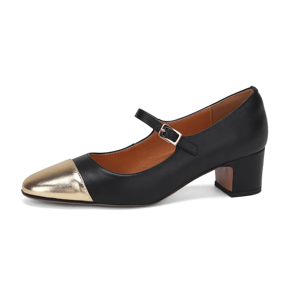 Genuine leather thick heeled mary jane pumps with buckle strap - Image 12