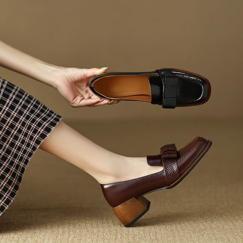 Square toe thick heel leather pumps for office wear - Image 8