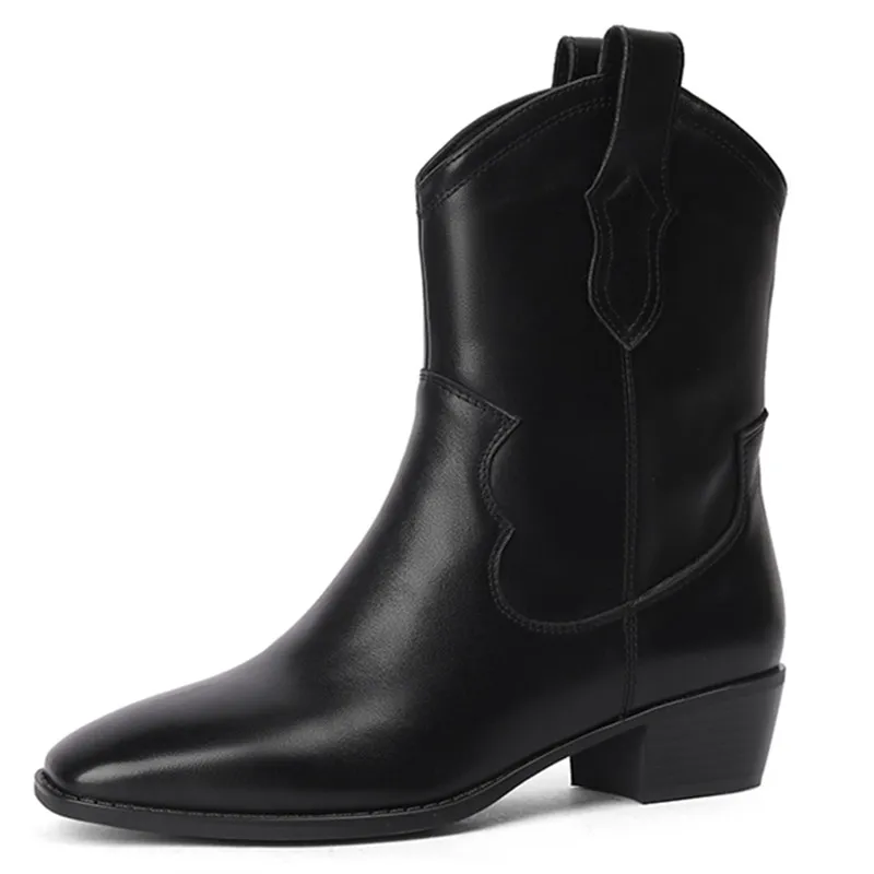 Retro square toe slip on mid calf boots with square heels in genuine leather - Image 2