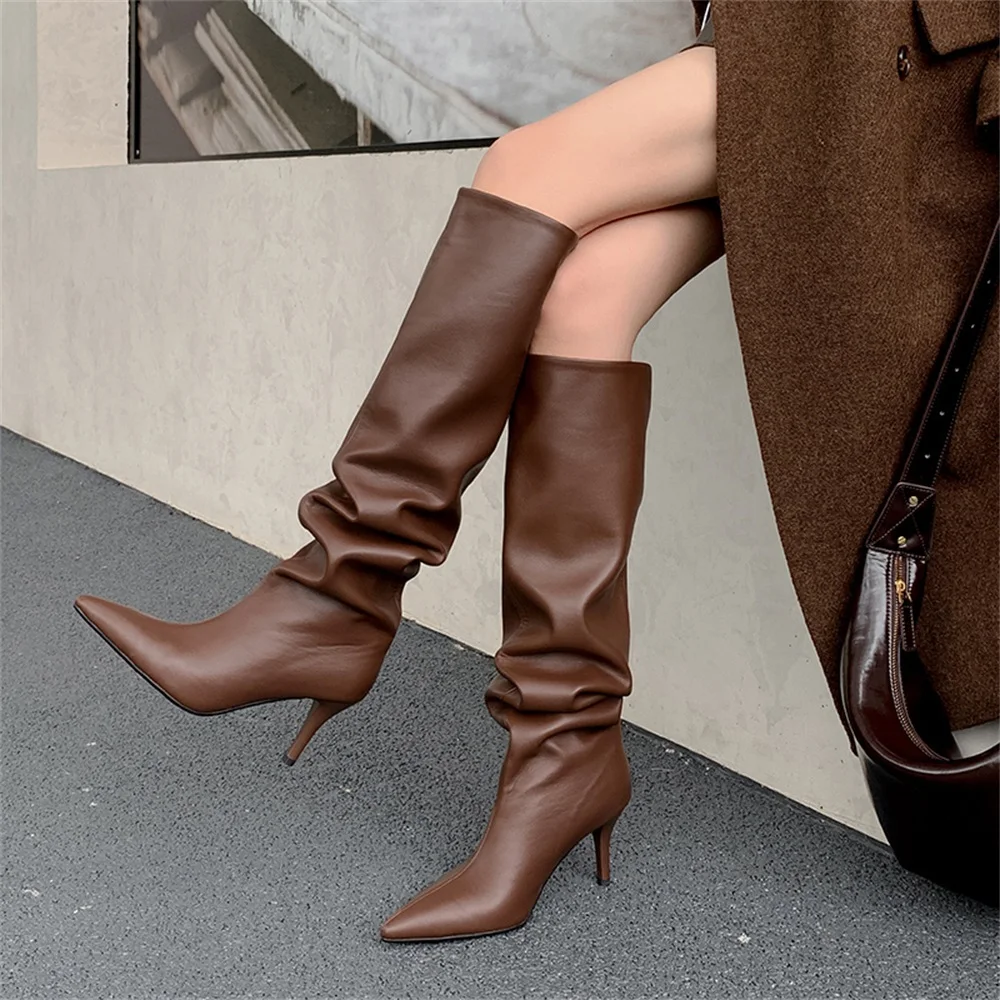 Pleated design pointed toe high heel wide calf boots - Image 3
