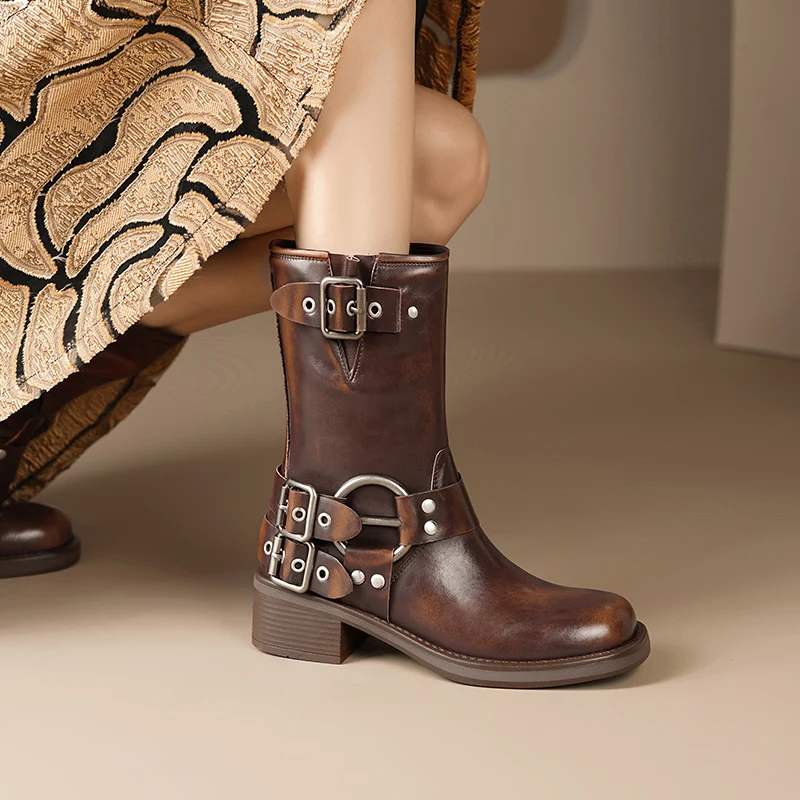 Genuine leather mid calf slip on motorcycle boots - Image 4