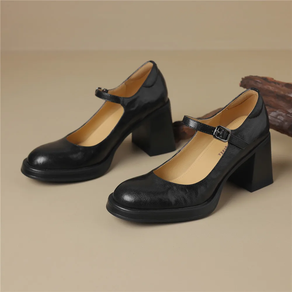 Genuine leather round toe high heels mary janes shoes - Image 7