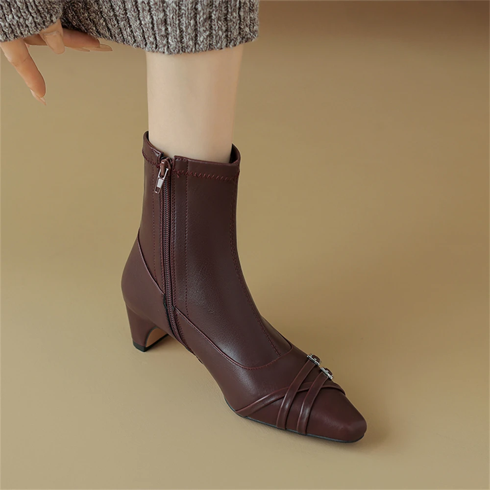 Pointed toe buckle ankle boots high heels genuine leather - Image 8