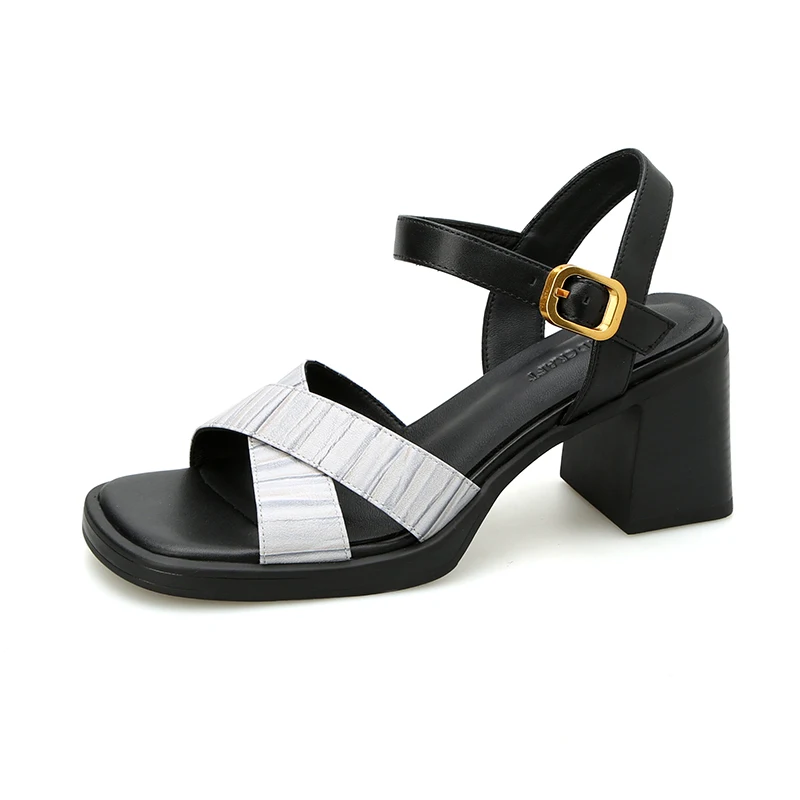 Elegant genuine leather high heel sandals with buckles - Image 2