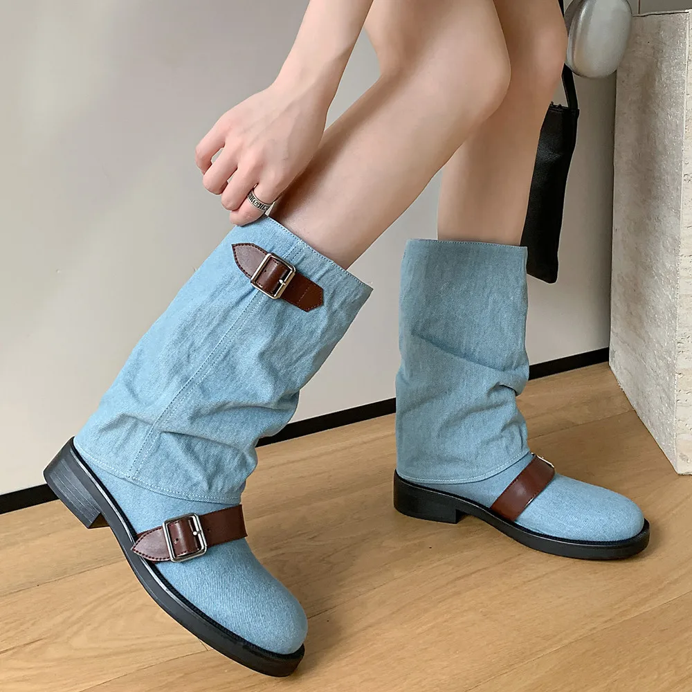 Mid-calf denim boots with round toe and buckle - Image 7