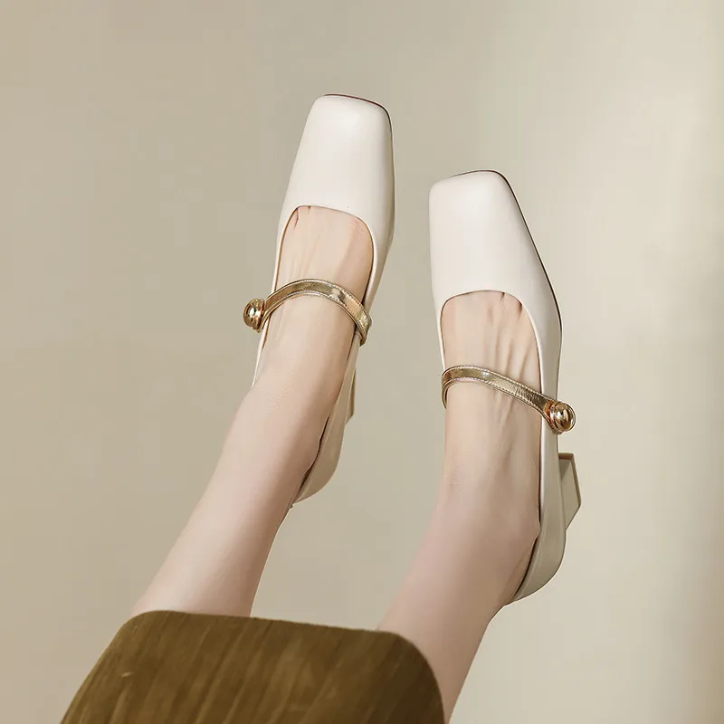 Genuine leather vintage square toe high heels mary janes shoes - Image 3