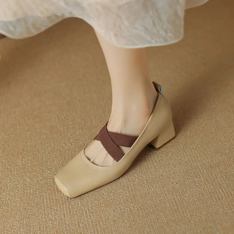 Genuine leather square toe mid heels mary janes - Image 6