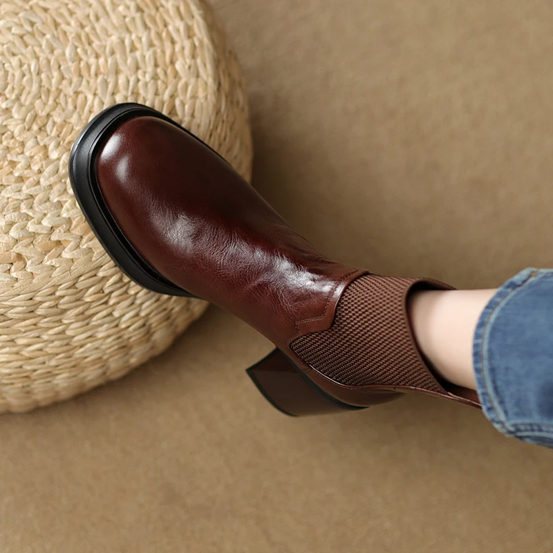 Genuine leather black round toe high heel chelsea ankle boots - Image 4