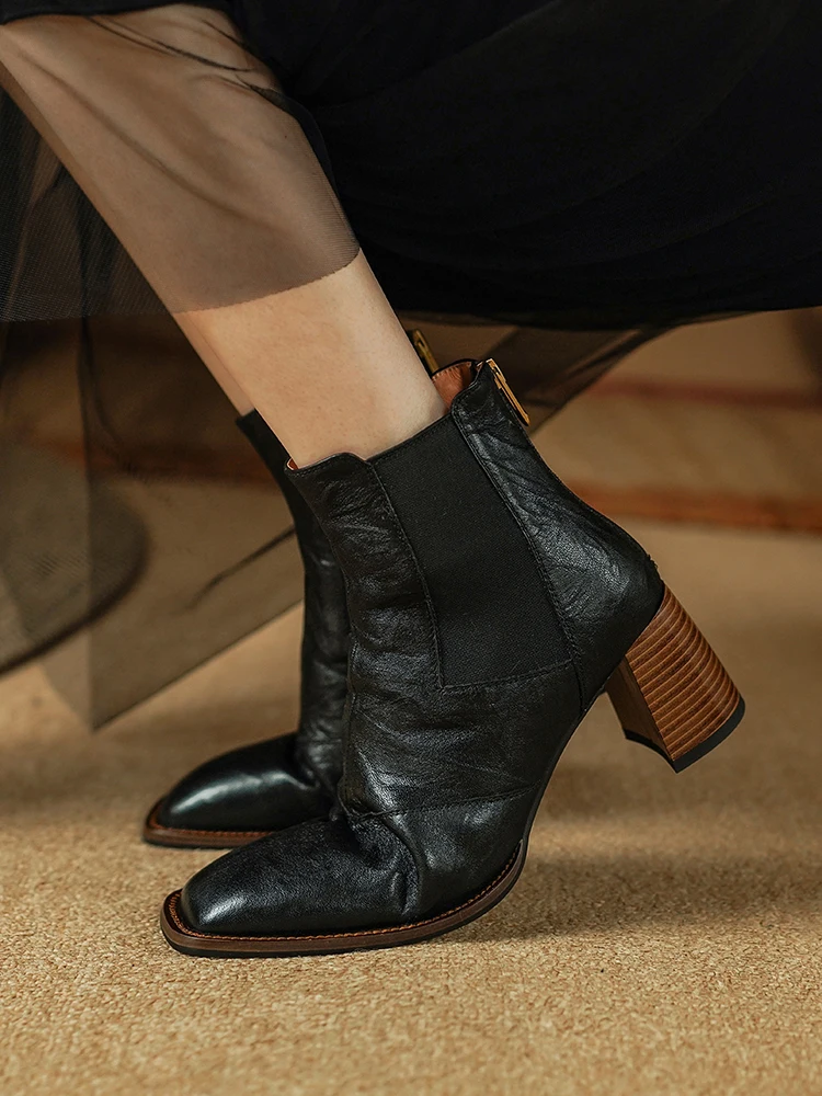 Genuine sheepskin leather wool ankle boots with chunky heel - Image 4