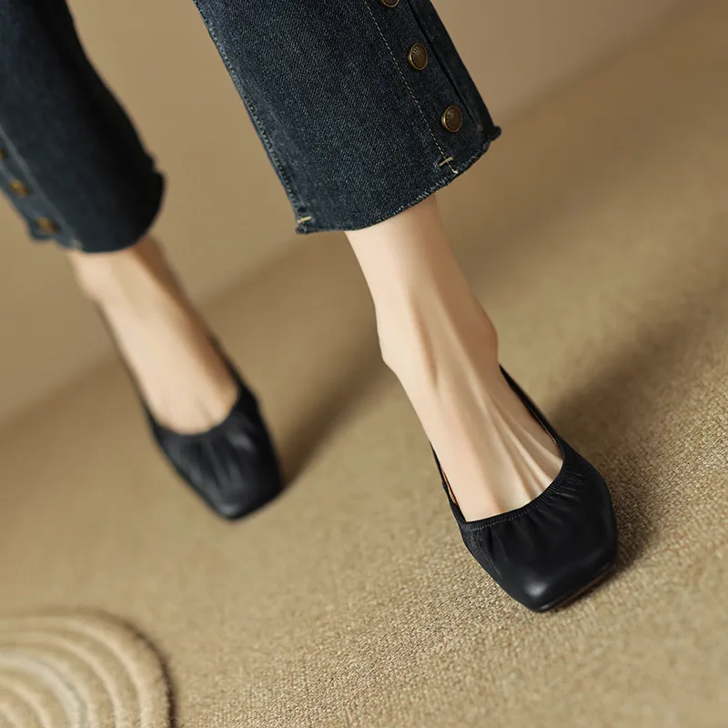 Low heels genuine leather square toe pumps - Image 8