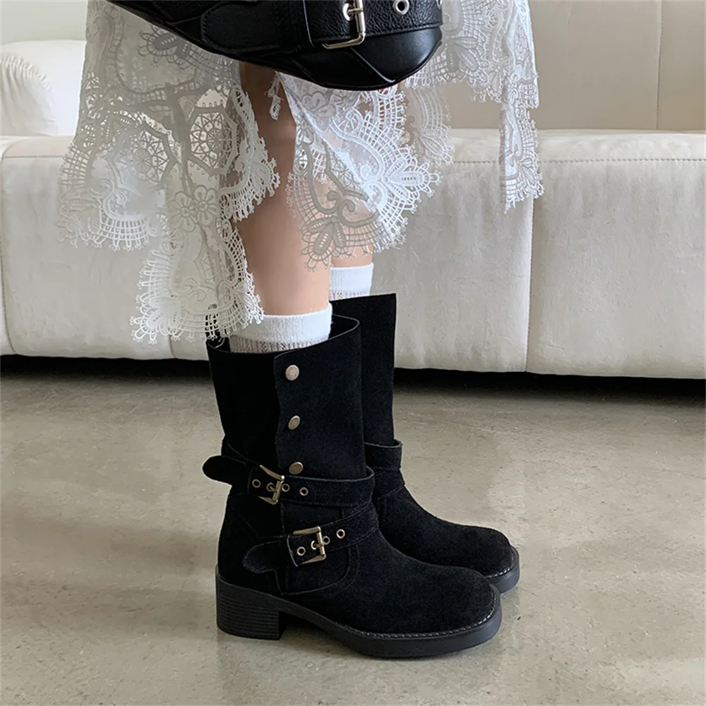 Suede leather mid-calf motorcycle boots with thick heels and buckles - Image 11