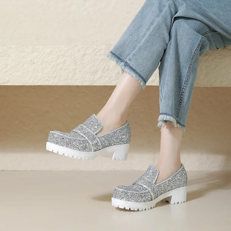 Sequin round toe slip-on pumps with thick heels - Image 2