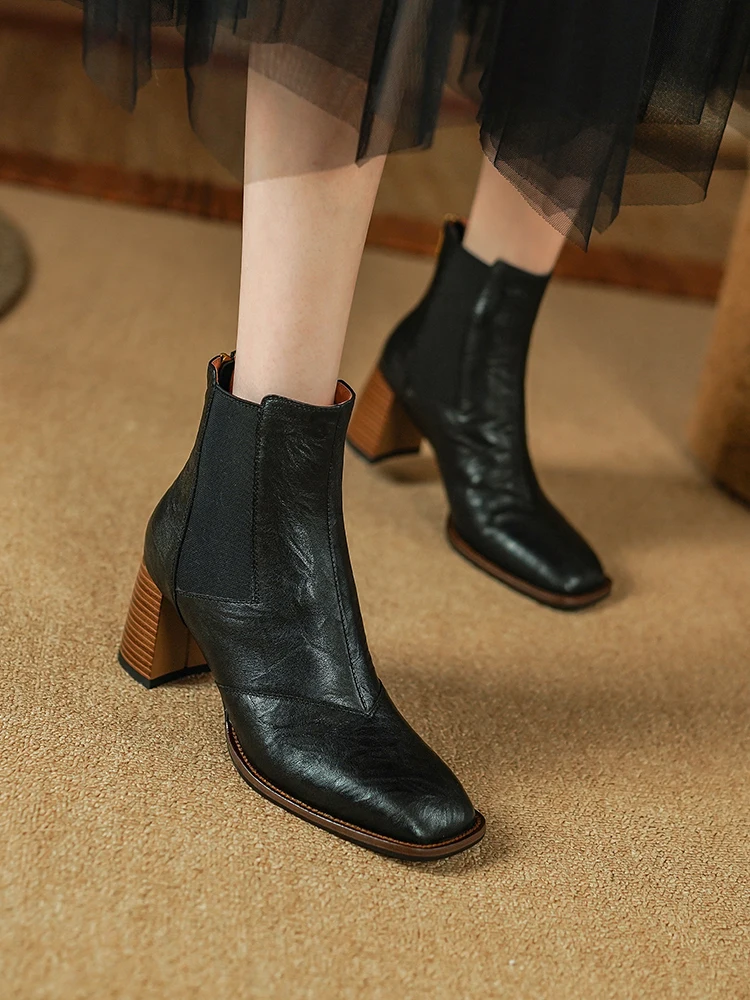 Genuine sheepskin leather wool ankle boots with chunky heel - Image 7