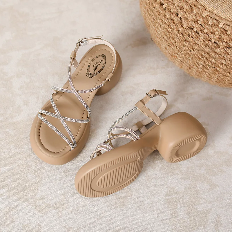 Rhinestone open toe wedge sandals with chunky heel - Image 5