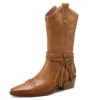 Square toe zipper mid calf fringe boots in genuine leather