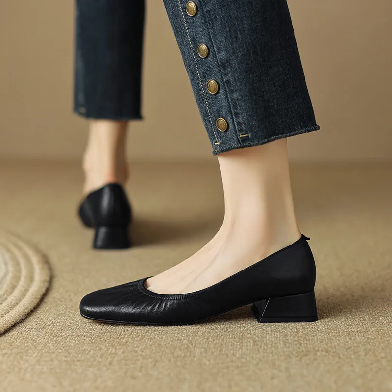 Low heels genuine leather square toe pumps - Image 9