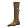Knee high genuine leather suede boots with square heels