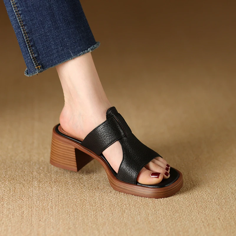 Genuine leather peep toe high heel sandals - Image 9