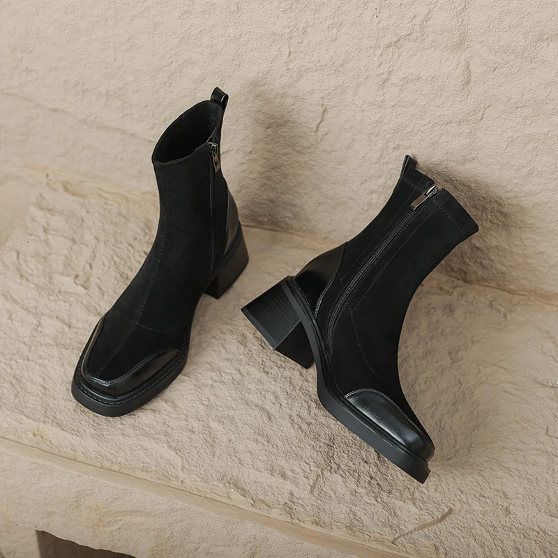 Stretch fabric chunky heeled ankle boots in black and brown - Image 7