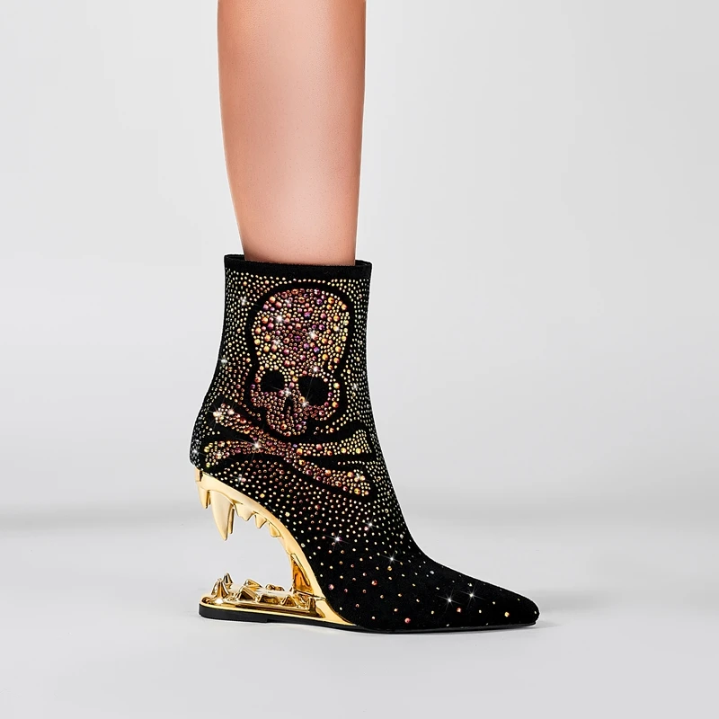Water diamond high heel short boots with wolf and tiger teeth design - Image 10
